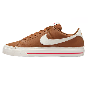 Nike Court Legacy Next Nature shoes feature a brown leather upper, white swoosh and sole, and a red stripe accent. Designed with sustainability in mind, they offer a classic, sporty look.