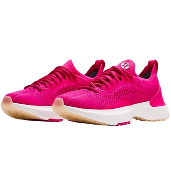 Bright pink lululemon Chargefeel 3 shoes with a breathable knit upper, white midsoles, and gum rubber outsoles. The design features laces and a logo on the tongue.