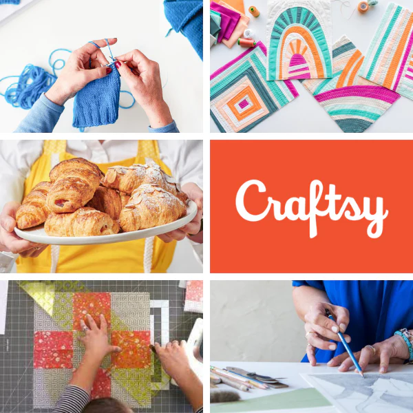 The One-Year Craftsy Membership offers access to online classes for various crafts such as knitting, quilting, sewing, and baking. The visual includes images of hands knitting, colorful quilts, croissants, fabric cutting, and drafting.