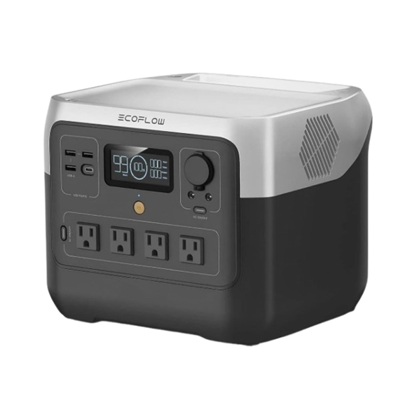 EcoFlow portable power station with multiple AC outlets, USB ports, and an LED display for power management.