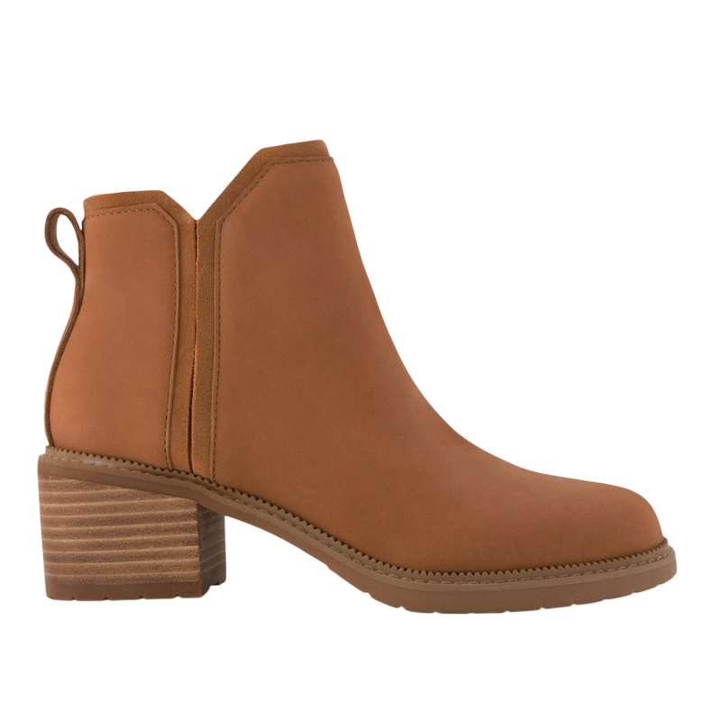Tan ankle boot with a chunky stacked heel, pull tab, and side elastic panels for easy wear.