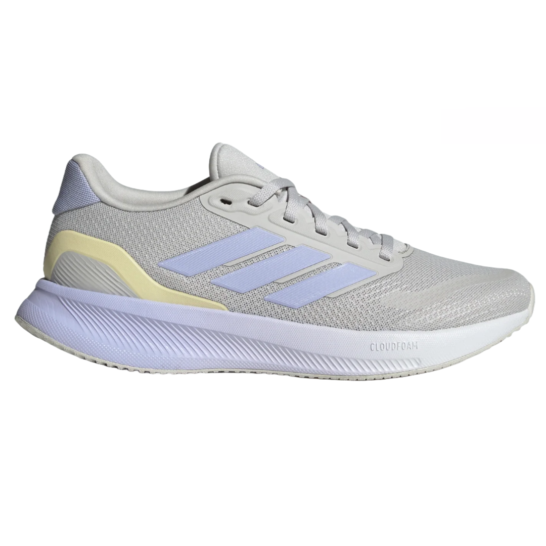 Adidas Runfalcon 5 Shoes are light gray sneakers with a mesh upper, featuring light blue three-stripe branding and a yellow accent on the heel. The design includes a Cloudfoam sole for comfort.