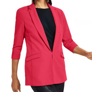 A bright red blazer with three-quarter sleeves, featuring a black top underneath and paired with dark textured pants.