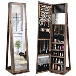 A standing jewelry cabinet with a full-length mirror exterior, opening to reveal organized storage for necklaces, earrings, bracelets, and cosmetics.