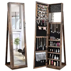A standing jewelry cabinet with a full-length mirror exterior, opening to reveal organized storage for necklaces, earrings, bracelets, and cosmetics.