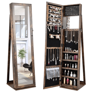A standing jewelry cabinet with a full-length mirror exterior, opening to reveal organized storage for necklaces, earrings, bracelets, and cosmetics.