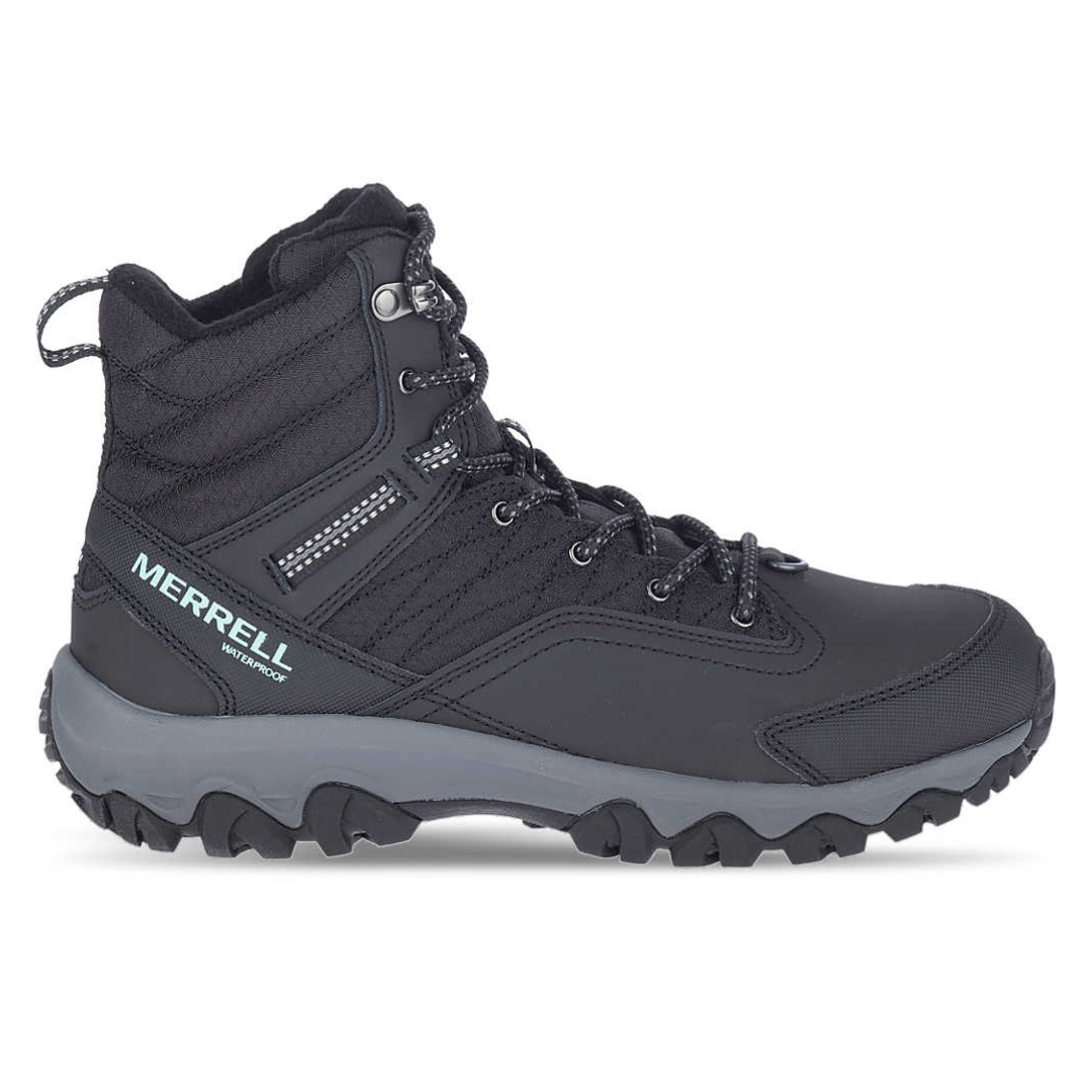 Merrell waterproof hiking boot with a rugged sole, black upper, and lace-up closure, designed for outdoor activities.