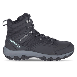 Merrell waterproof hiking boot with a rugged sole, black upper, and lace-up closure, designed for outdoor activities.