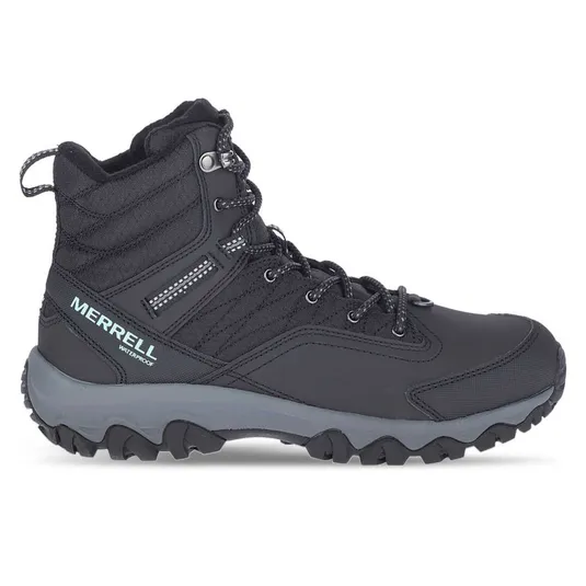 Merrell waterproof hiking boot with a rugged sole, black upper, and lace-up closure, designed for outdoor activities.