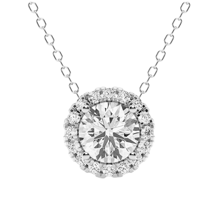 A round diamond pendant necklace features a central large diamond encircled by smaller diamonds, set in a white metal chain.