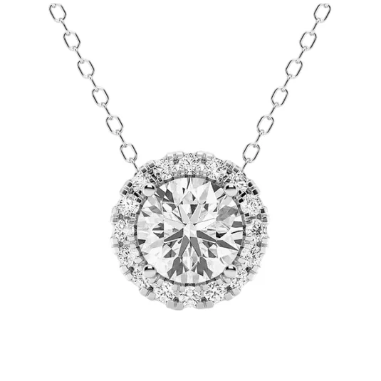 A round diamond pendant necklace features a central large diamond encircled by smaller diamonds, set in a white metal chain.