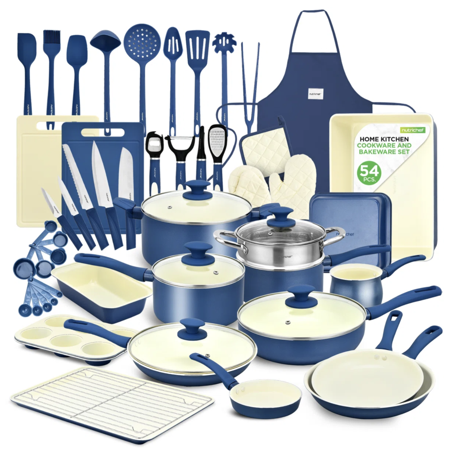 54-piece cookware and bakeware set, including pots, pans, cooking utensils, knife set, cutting boards, baking molds, measuring cups, a steamer insert, oven mitts, apron, and a cooling rack, all in blue and cream colors.