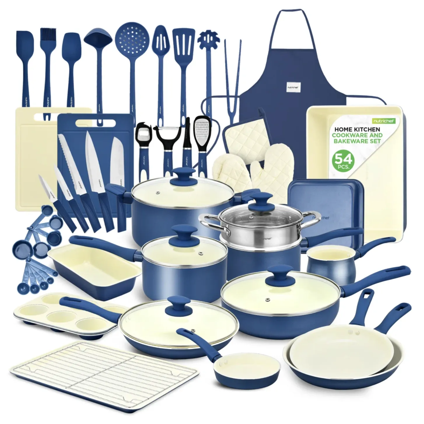 54-piece cookware and bakeware set, including pots, pans, cooking utensils, knife set, cutting boards, baking molds, measuring cups, a steamer insert, oven mitts, apron, and a cooling rack, all in blue and cream colors.