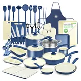 54-piece cookware and bakeware set, including pots, pans, cooking utensils, knife set, cutting boards, baking molds, measuring cups, a steamer insert, oven mitts, apron, and a cooling rack, all in blue and cream colors.