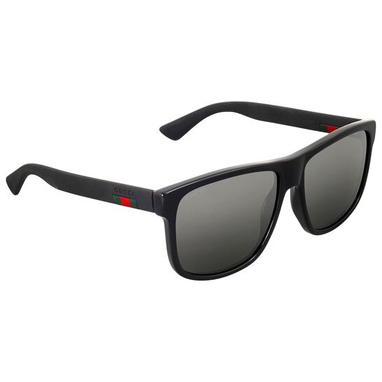 Black rectangular sunglasses with a matte finish and dark lenses, featuring the Gucci logo and green-red detail on the temples.