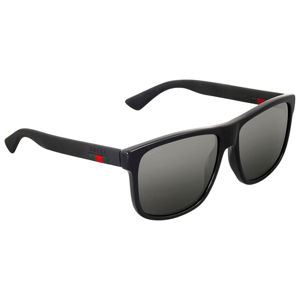 Black rectangular sunglasses with a matte finish and dark lenses, featuring the Gucci logo and green-red detail on the temples.