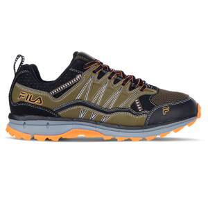 Fila Men's Evergrand Shoes feature a rugged design with olive green, black, and orange accents. They have a textured upper, durable outsole, and contrasting stitching, ideal for outdoor activities.