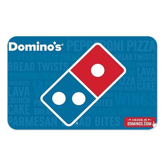 Domino's gift card featuring the iconic logo on a blue background with words like \“pizza,\“ \“wings,\“ and \“breadsticks\“ subtly in the background.