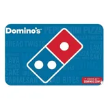 Domino's gift card featuring the iconic logo on a blue background with words like \“pizza,\“ \“wings,\“ and \“breadsticks\“ subtly in the background.