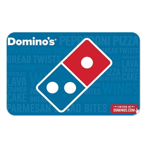 Domino's gift card featuring the iconic logo on a blue background with words like \“pizza,\“ \“wings,\“ and \“breadsticks\“ subtly in the background.