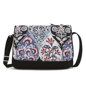 A floral-patterned messenger bag with an adjustable black strap.