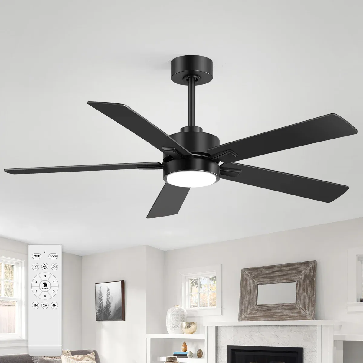 Modern ceiling fan with five black blades and integrated LED light, accompanied by a remote control for operation.