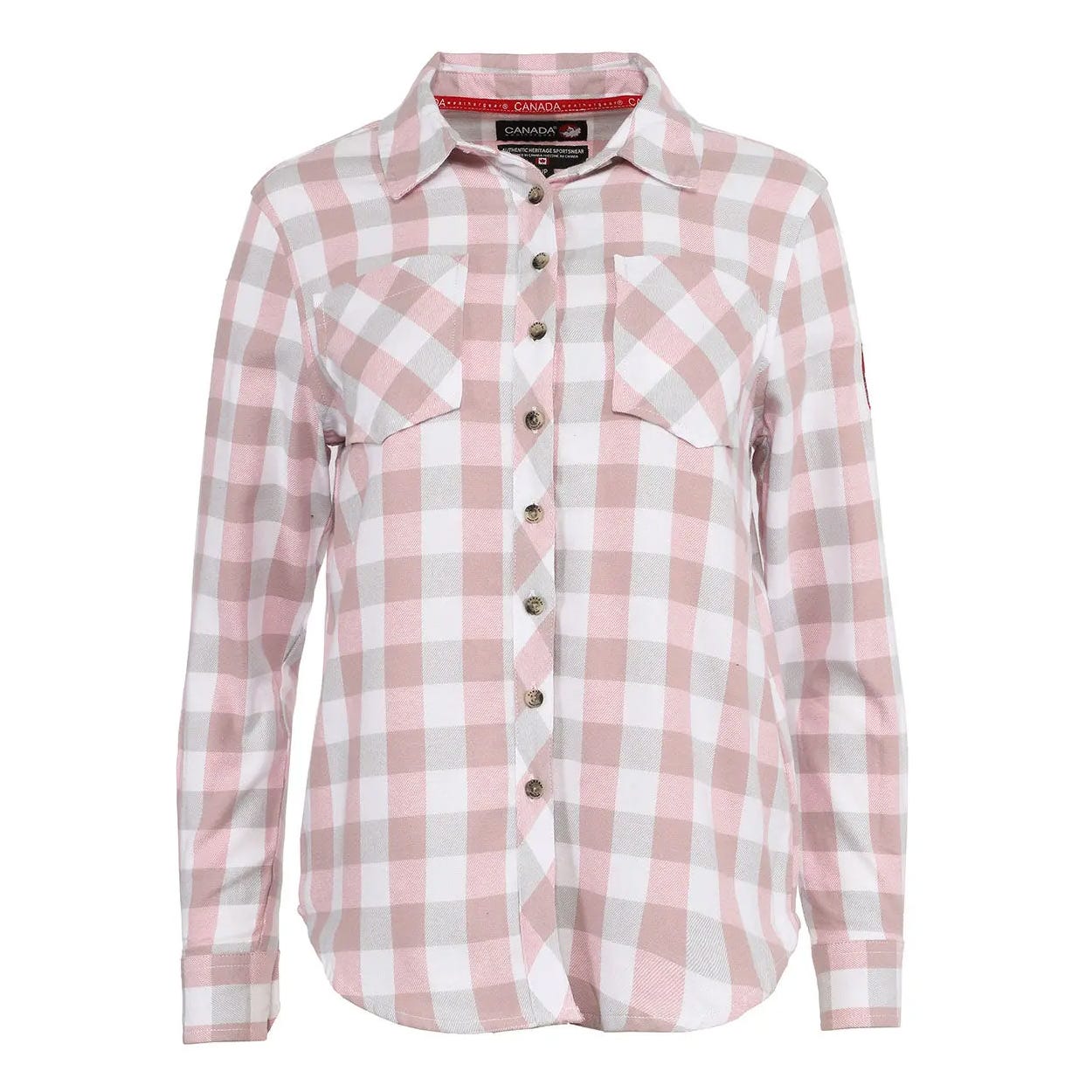 A pink and white checkered flannel shirt with long sleeves, button closure, and two chest pockets.