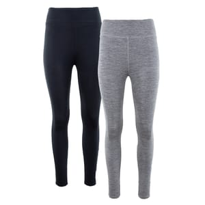 Two pairs of Eddie Bauer women's leggings, one in black and the other in heather gray, both with a high-waisted design.