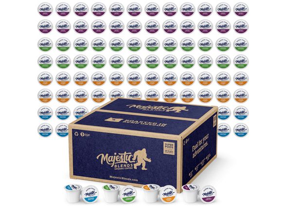 Box of Majestic Blends coffee pods with various flavors shown by different colored lids, stacked in the background.