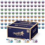 Box of Majestic Blends coffee pods with various flavors shown by different colored lids, stacked in the background.