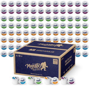 Box of Majestic Blends coffee pods with various flavors shown by different colored lids, stacked in the background.