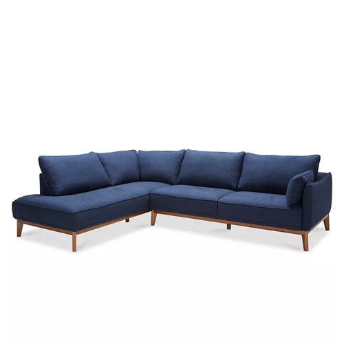 A blue 2-piece fabric sectional with three-seat and chaise configuration, featuring cushioned backrests and wooden legs, suitable for contemporary living spaces.
