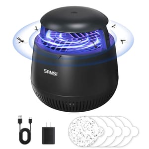 A mosquito killer lamp with a USB cable and power adapter, accompanied by replacement sticky pads.