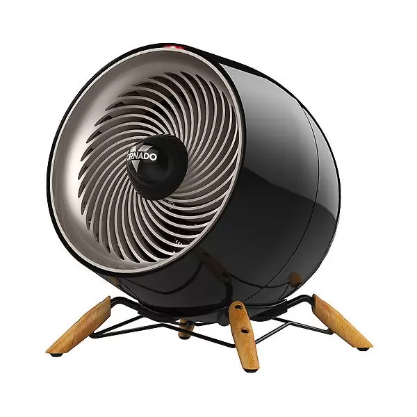 Black vintage-style tabletop fan with a spiral grill and three wooden legs.