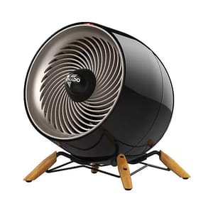 Black vintage-style tabletop fan with a spiral grill and three wooden legs.