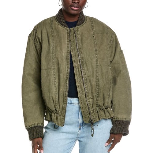 Olive-green bomber jacket with a ribbed collar and cuffs, featuring an adjustable drawstring hem and a zip closure, paired with light blue jeans.