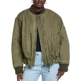 Olive-green bomber jacket with a ribbed collar and cuffs, featuring an adjustable drawstring hem and a zip closure, paired with light blue jeans.