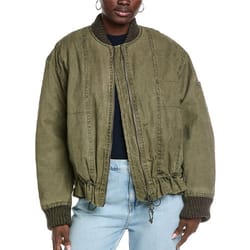 Olive-green bomber jacket with a ribbed collar and cuffs, featuring an adjustable drawstring hem and a zip closure, paired with light blue jeans.