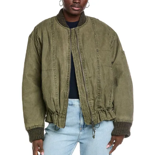 Olive-green bomber jacket with a ribbed collar and cuffs, featuring an adjustable drawstring hem and a zip closure, paired with light blue jeans.