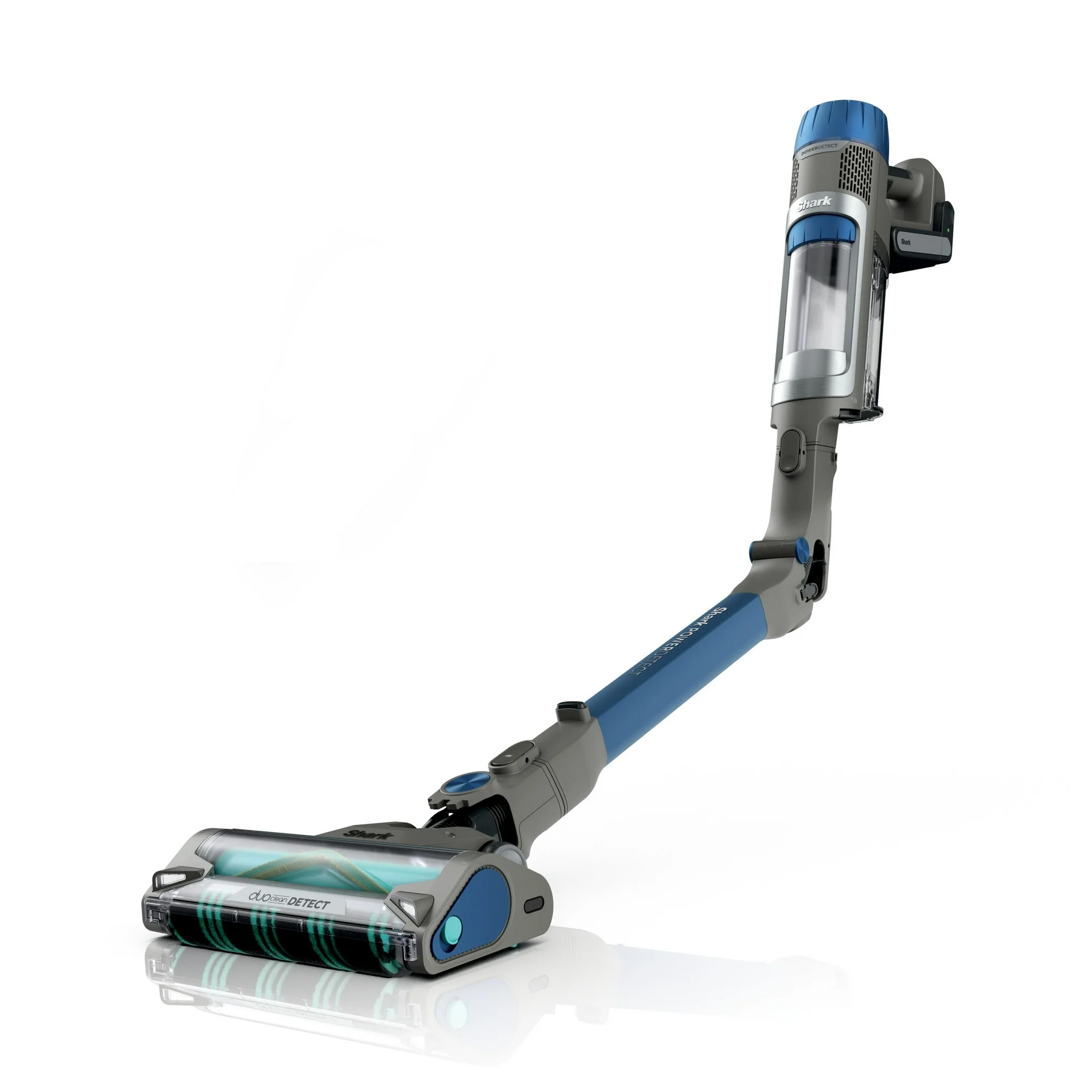 Cordless stick vacuum cleaner with a sleek design, featuring a blue and gray color scheme, flexible joint for easy maneuverability, and transparent dust canister for visibility of debris collection.