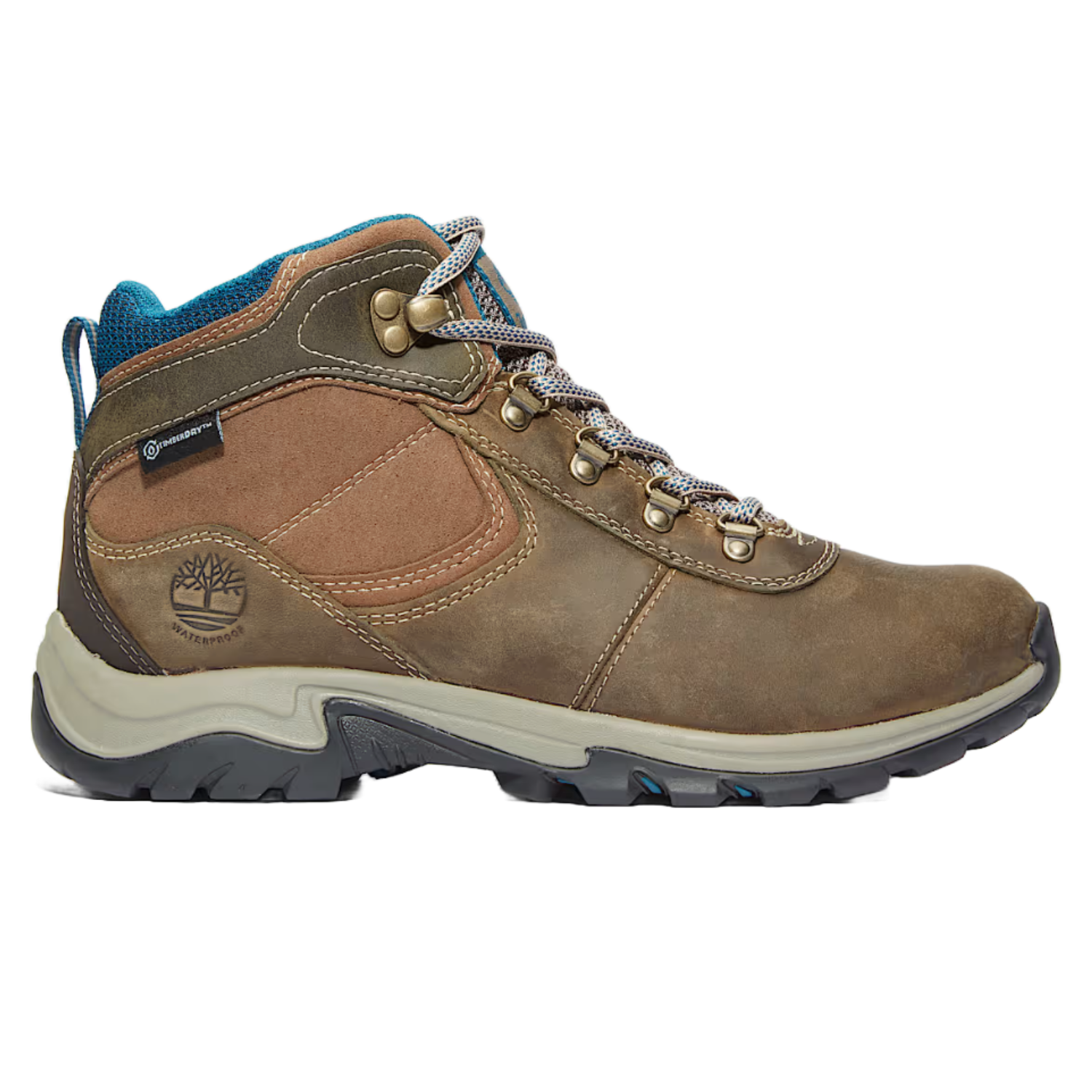 Timberland Women's Mt. Maddsen Boots feature brown leather with a turquoise interior, waterproof TimberDry™ technology, robust laces, and a durable rubber outsole for hiking.
