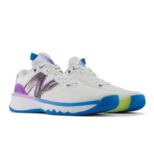 New Balance Hesi Shoes are athletic sneakers featuring a white base with purple, blue, and lime accents. They have a mesh upper, a wavy sole design, and a prominent logo on the side.