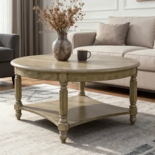 Round wooden coffee table with turned legs and a lower shelf, placed in a living room setting with a vase of dried flowers and a mug on top, surrounded by a sofa and an armchair on a patterned rug.