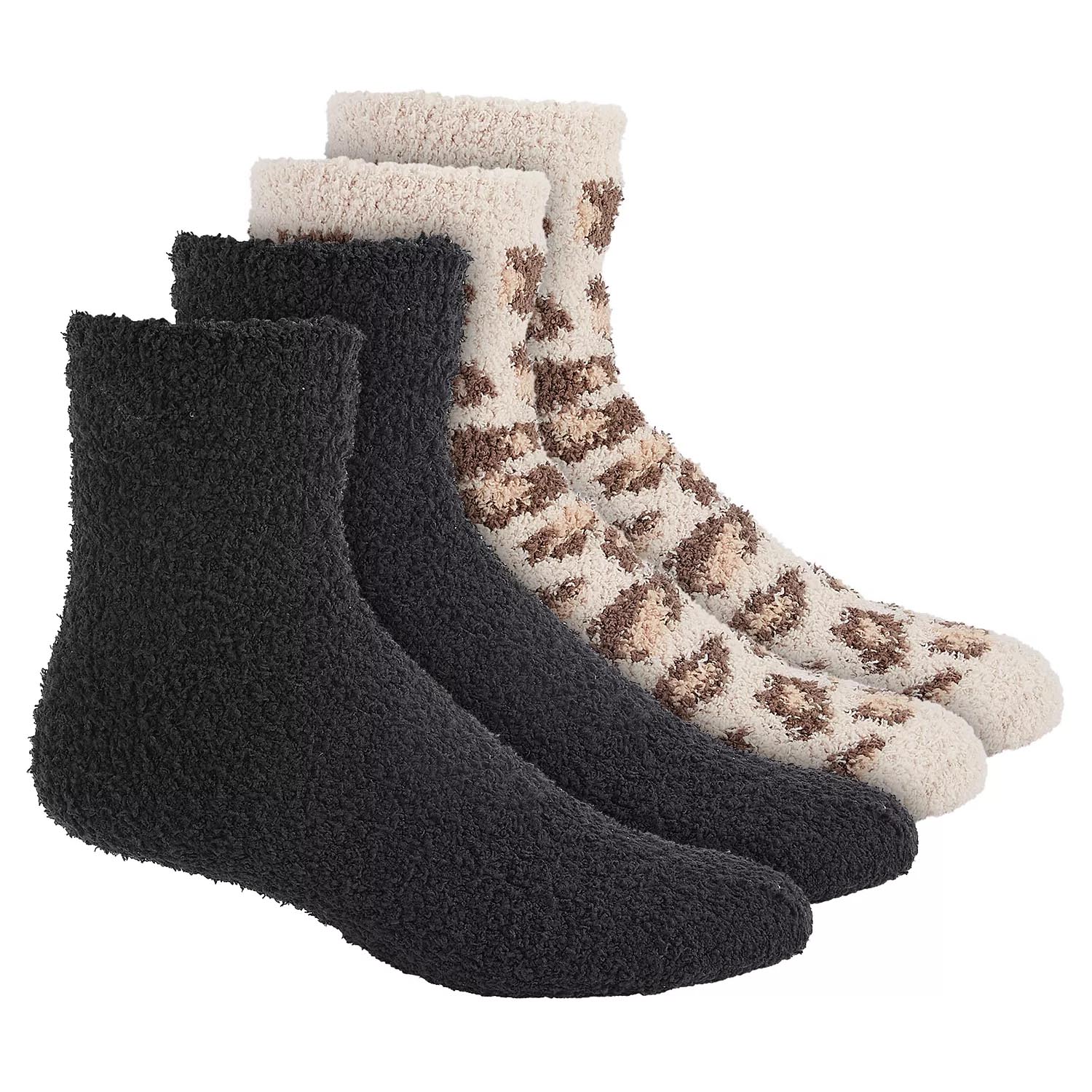 Three pairs of fuzzy socks in solid black and beige with brown leopard print are displayed.