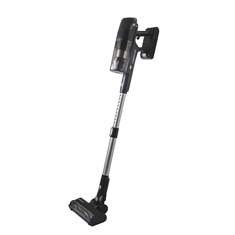 Farberware Cordless Elite Vacuum, a sleek stick vacuum with a black and silver finish, features a detachable handheld component and a transparent dustbin for convenient cleaning.
