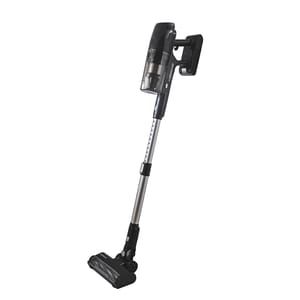 Farberware Cordless Elite Vacuum, a sleek stick vacuum with a black and silver finish, features a detachable handheld component and a transparent dustbin for convenient cleaning.