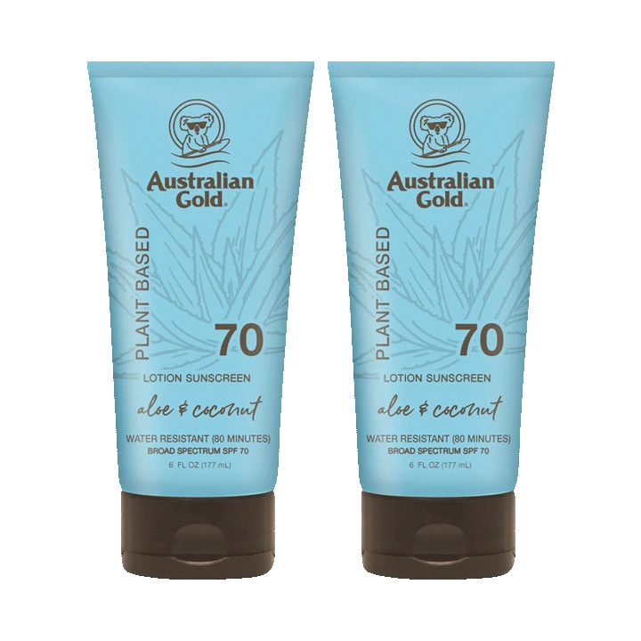 Two tubes of Australian Gold plant-based lotion sunscreen, SPF 70 with aloe and coconut, water-resistant.