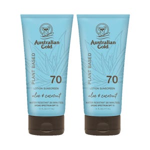 Two tubes of Australian Gold plant-based lotion sunscreen, SPF 70 with aloe and coconut, water-resistant.