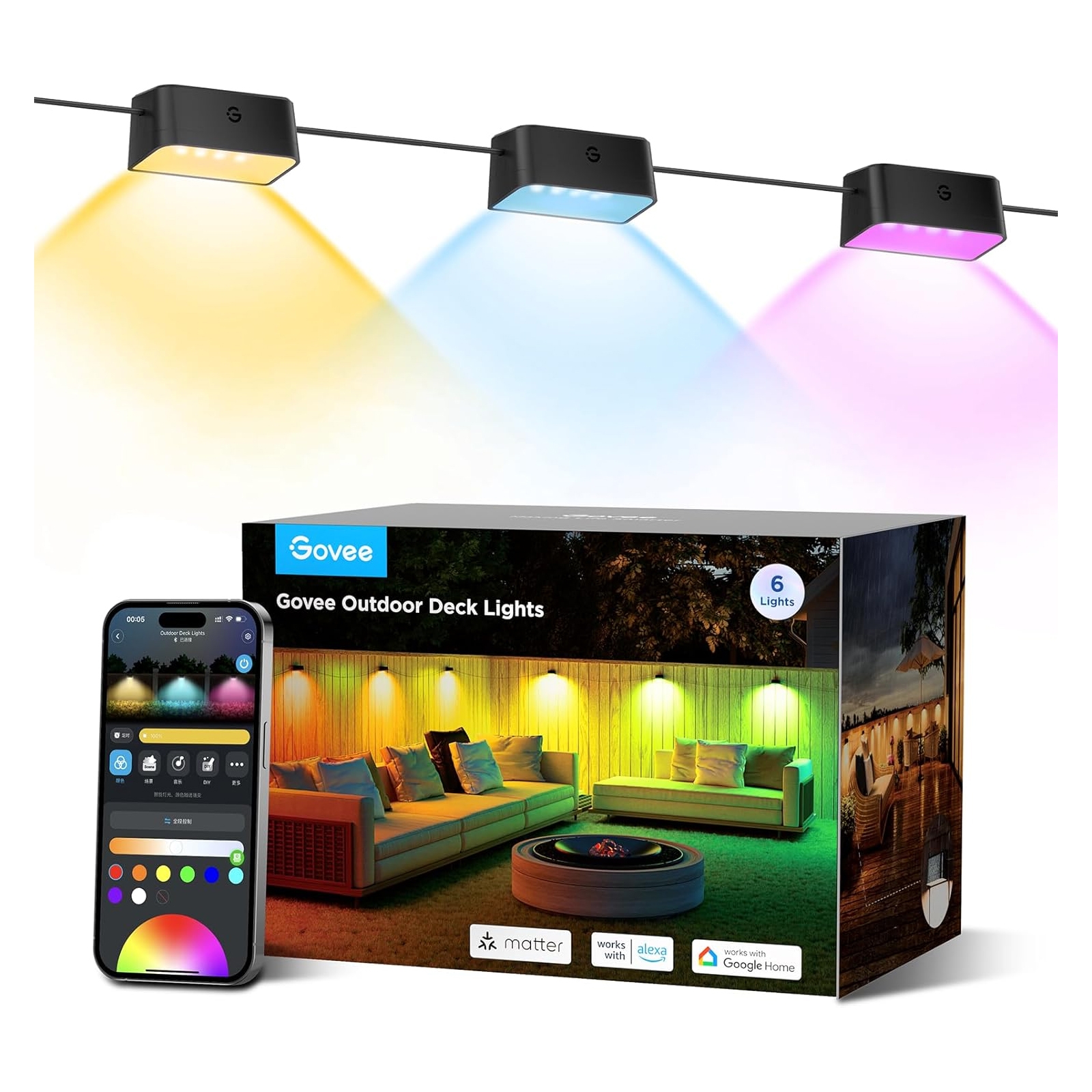 Govee Outdoor Deck Lights feature color-changing LED lights controlled via a smartphone app, compatible with Alexa and Google Home. The package includes six lights for customizable outdoor ambiance.