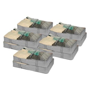 Set of clear top storage bags with gray sides, neatly filled with clothes such as sweaters and shirts.